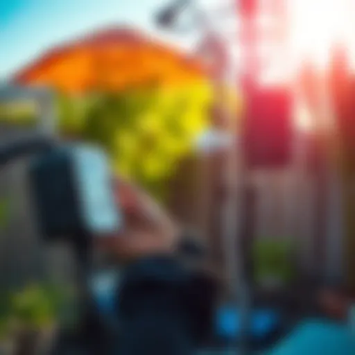 A person adjusting an outdoor hotspot device to improve its performance for IOT earnings in a sunny backyard.