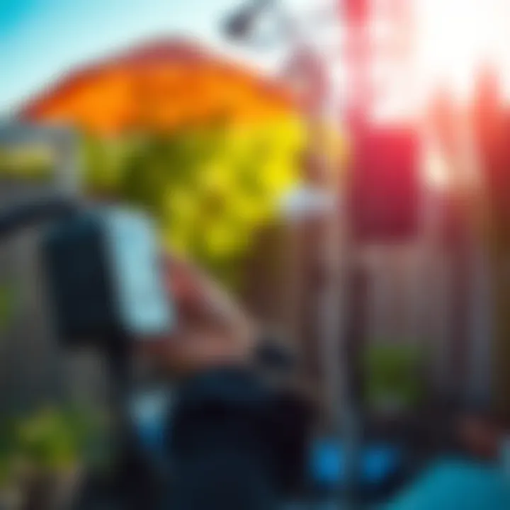 A person adjusting an outdoor hotspot device to improve its performance for IOT earnings in a sunny backyard.