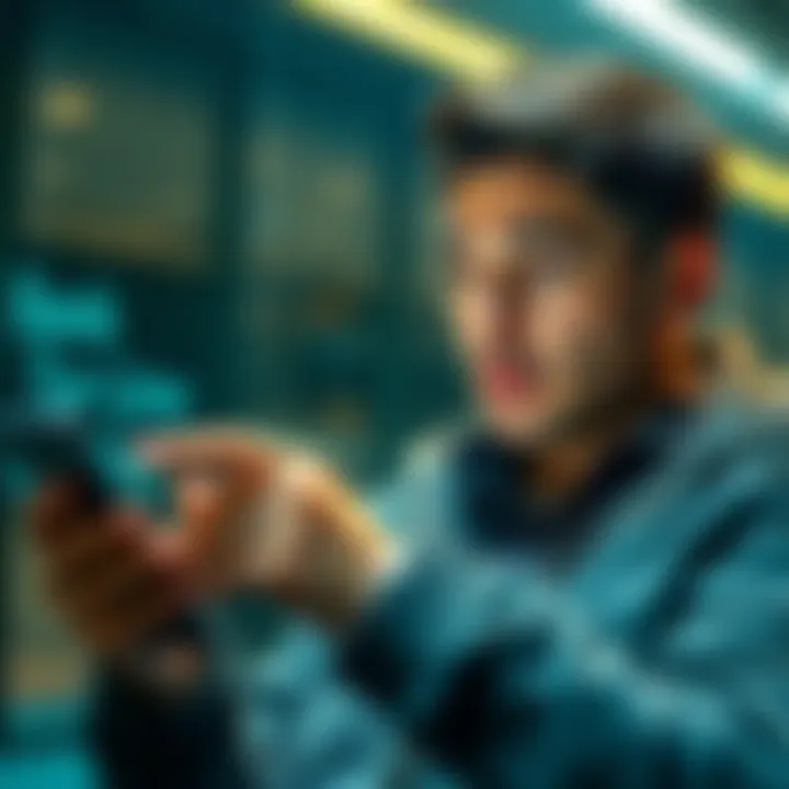 A person looks worried while checking their bank account on a smartphone, worried about being scammed by a P2P seller with stolen funds.