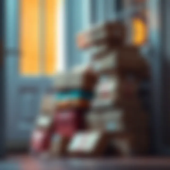 A stack of various parcels and boxes at a doorstep, symbolizing the trend of daily package deliveries due to online shopping.