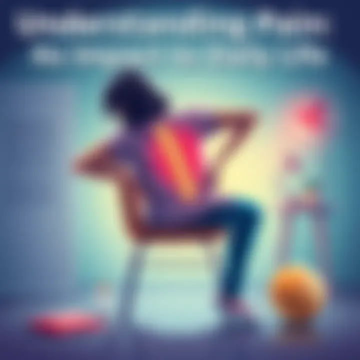 A person holding their lower back in pain while sitting on a chair, with various coping tools like a heat pack and a stress ball nearby.