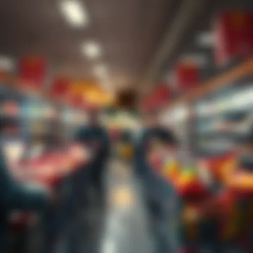 Panic Buying in Supermarket Shoppers filling carts with groceries in a busy supermarket aisle during a panic buying event.