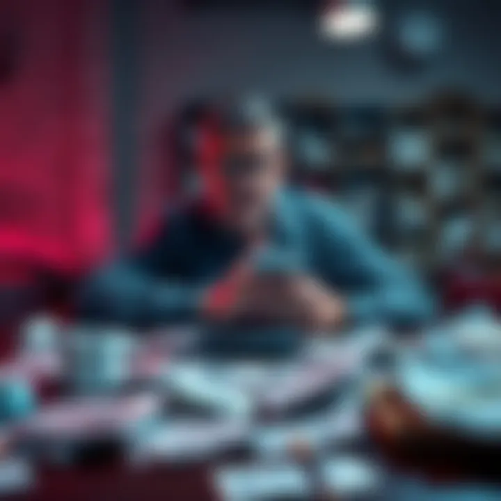 A worried person checking their phone while sitting at a table filled with bills and receipts, reflecting the urgency of finding a new banking solution after a Revolt account closure.