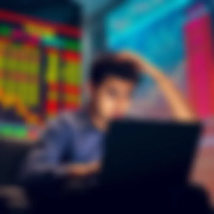 A person looking stressed while checking stock prices on a laptop, showing signs of regret over a financial decision.