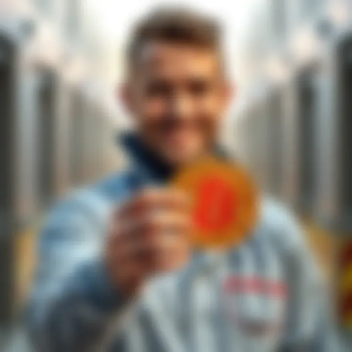 A young paramedic smiling while holding a Bitcoin symbol, representing his journey to accumulate Bitcoin.