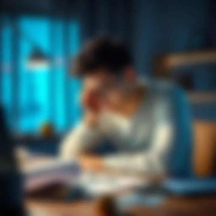 A worried parent sits at a table with papers and a laptop, contemplating a recent financial decision while looking at family photos