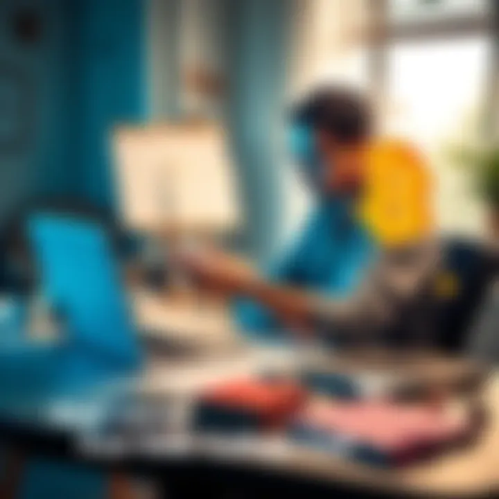 A parent sits at a desk with a laptop and Bitcoin graphics, planning college expenses for their children.