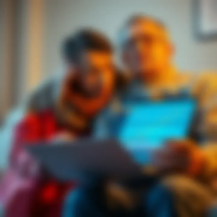 A worried couple looking at financial documents with a laptop displaying a crypto chart in the background
