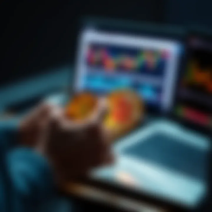A person analyzing a partial bitcoin investment on a calculator and laptop with financial graphs