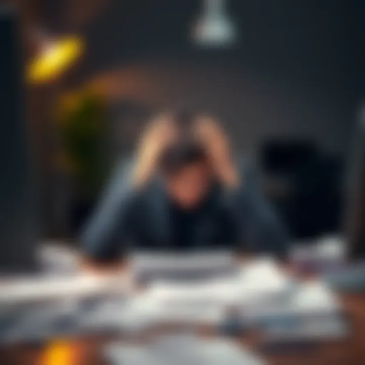 Participant looking overwhelmed A tired individual sits at a desk, head in hands, surrounded by papers and a computer, symbolizing exhaustion from shifting goals.