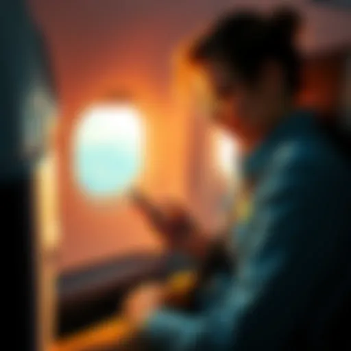 A traveler using a smartphone to collect state badges during a flight, with an airplane seat and window in the background