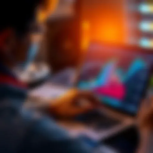 A person looking at fluctuating graphs on a laptop with dollar signs and liquidity pool icons, representing challenges in DeFi investments.