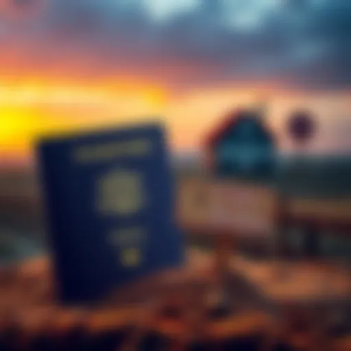 A visual comparison showing a passport with stamps on one side and a plot of land with a 'For Sale' sign on the other side