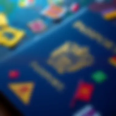 A close-up of a passport filled with colorful stamps from various countries, symbolizing travel achievements