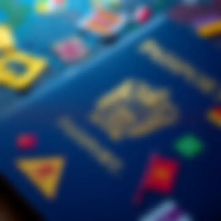 A close-up of a passport filled with colorful stamps from various countries, symbolizing travel achievements