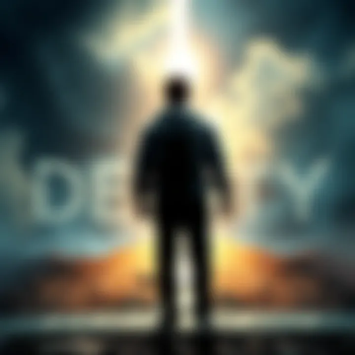 A person standing at a crossroads, looking determined, with a bright light symbolizing destiny illuminating one path.