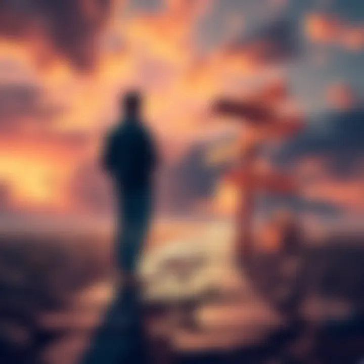 A person standing at a crossroads, looking at a signpost with arrows pointing towards different goals such as career, health, and finance.