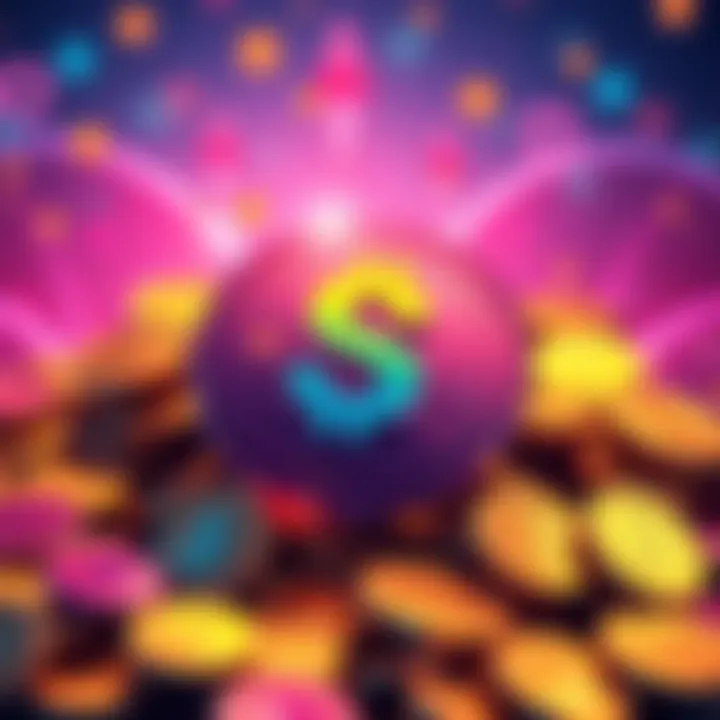 Colorful graphic representing $PATOS as a popular meme coin with shiny coins and crypto symbols in a vibrant setting