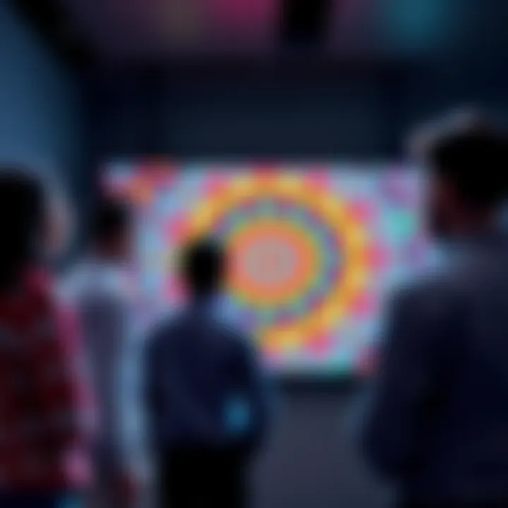 A group of people engaged in analyzing a colorful pattern on a large screen, sharing ideas and insights.