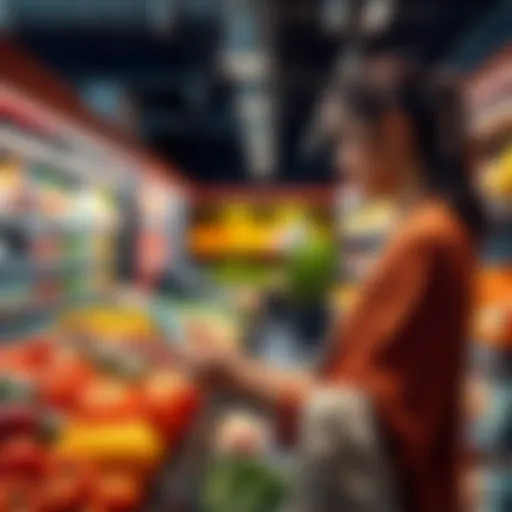 A shopper using a smartphone to pay for groceries with ADA, surrounded by fresh produce and products in a grocery store