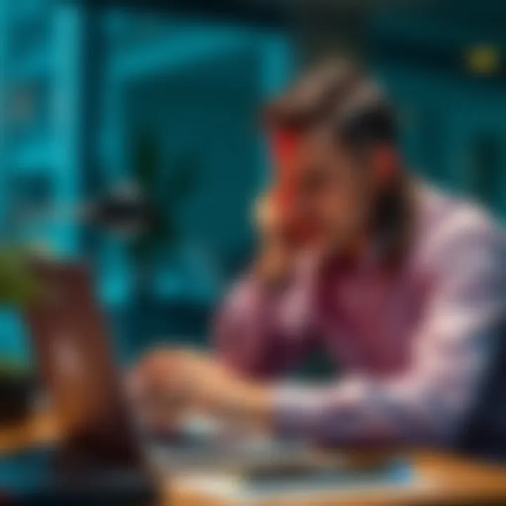 A frustrated professional checking their email and account details on a laptop, indicating payment problems with Revolut, while working for a Swiss organization.