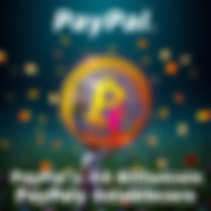 A graphic showing PayPal's stablecoin with symbols of decentralized finance, depicting farmers using digital assets.