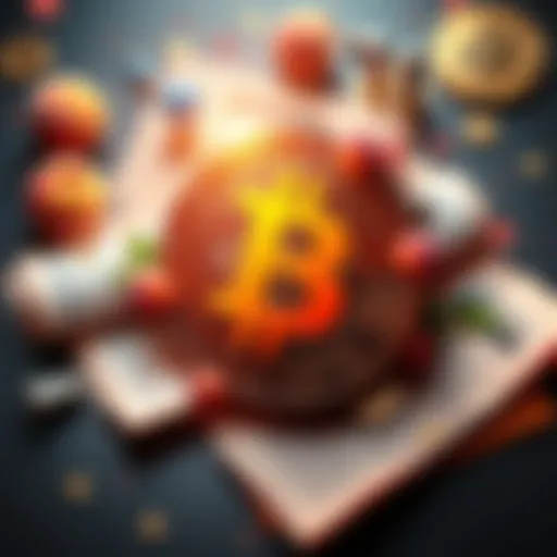 A visual representation of Peach Bitcoin facing regulatory scrutiny with documents and financial symbols around it.