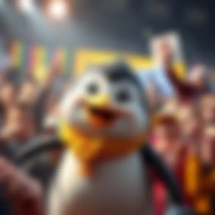 Pengu the popular character A cute, cartoon penguin character with a big smile, surrounded by fans enjoying its antics, showcasing its popularity in 2026.