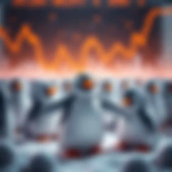 A visual representation of Pudgy Penguins NFTs with rising price trends in the background, showcasing digital collectibles and excitement among investors.