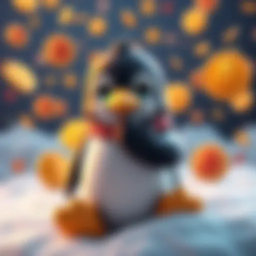 A cartoon penguin character surrounded by various cryptocurrency symbols, representing the idea of Pengu maximalism in the market.