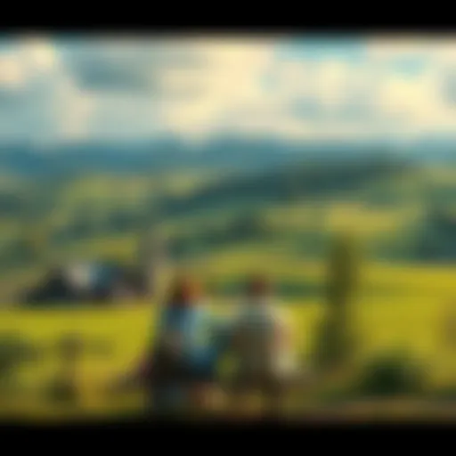 A scenic view of Pennsylvania showing local culture, featuring rolling hills, a traditional farm, and people enjoying outdoor activities.