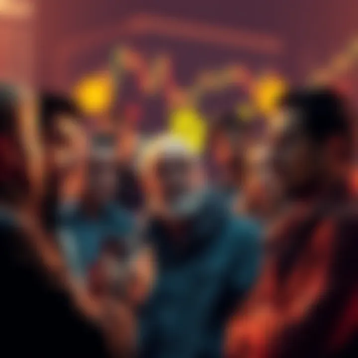 People Buying Bitcoin During Bear Market A diverse group of people discussing and analyzing Bitcoin purchases during a market downturn, expressing various emotions like concern and hope.