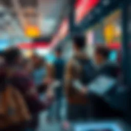 People cashing out cryptocurrency A group of people exchanging cryptocurrency for cash at a digital payment kiosk in a busy shopping area.