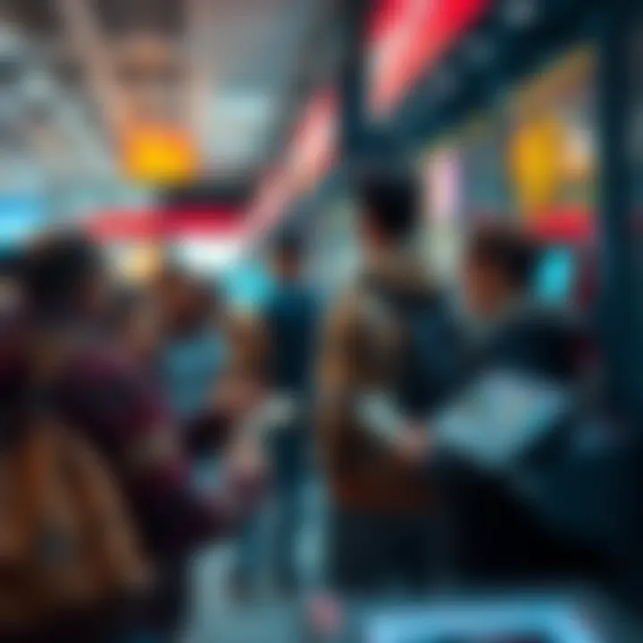 People cashing out cryptocurrency A group of people exchanging cryptocurrency for cash at a digital payment kiosk in a busy shopping area.