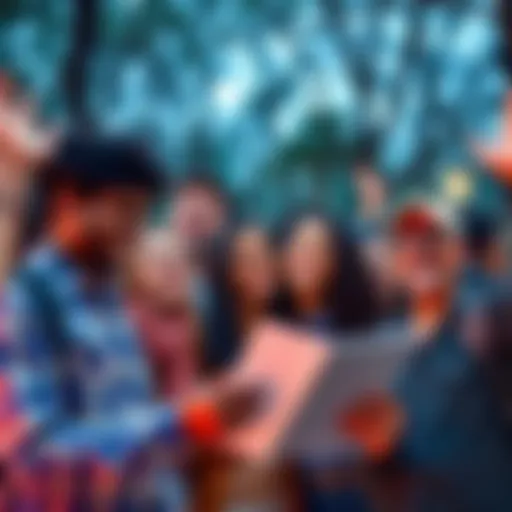 A diverse group of people smiling and sharing uplifting news in a park setting