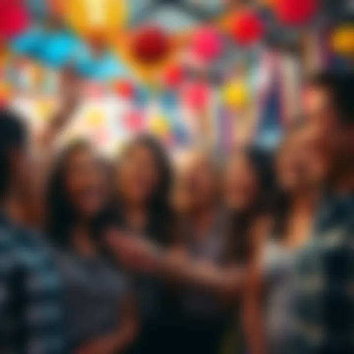 A group of diverse people chatting excitedly, expressing joy and enthusiasm about a positive future, with colorful decorations in the background.