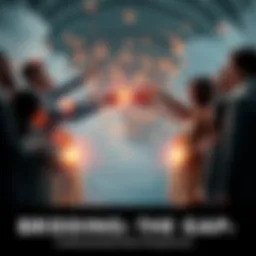 A group of diverse individuals reaching across a gap, symbolizing the bridging of different perspectives and building connections.