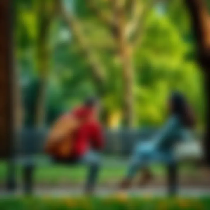 A candid moment of two friends discussing while seated on a bench in a green park