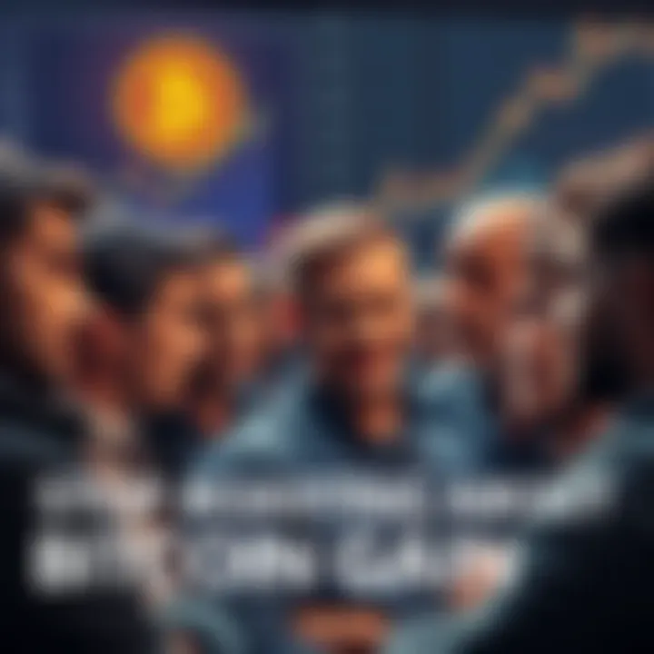 A group of people engaged in a conversation about Bitcoin, some looking curious while others appear defensive, with charts and graphs in the background showing Bitcoin trends.