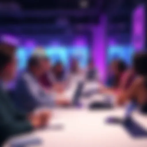 A group of individuals engaging in a conversation about crypto ventures at a table with laptops and notebooks