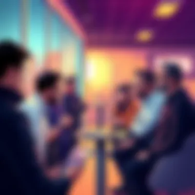 People discussing cryptocurrency A group of people engaged in a debate about full nodes and SPV wallets in a casual setting