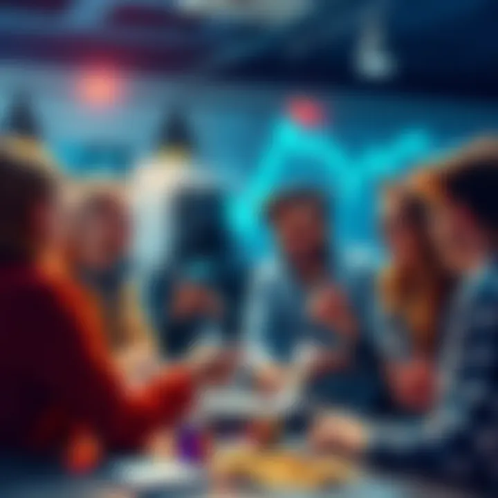 A diverse group of people engaging in a lively discussion about cryptocurrency trends and Cheeky Crypto