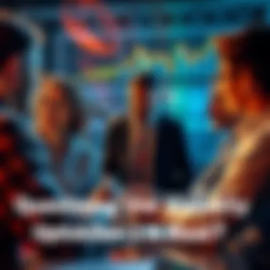 A group of people talking about investment strategies with charts and graphs in the background