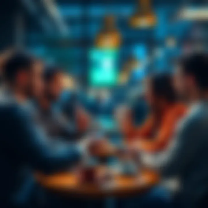 A group of people discussing the Raiz app and its investment options over coffee