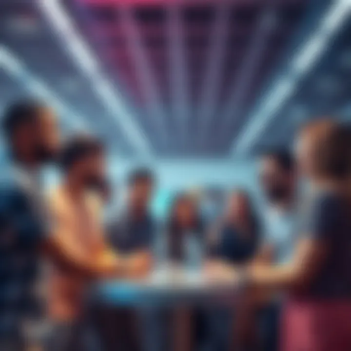Group of people discussing cryptocurrency investments A diverse group of people sharing thoughts on their Kaspa investments in a casual setting.