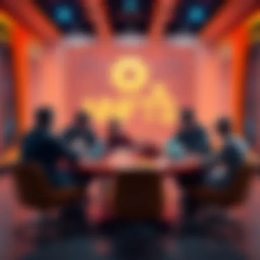 A group of people sharing their thoughts on NFTs at a round table with laptops and documents