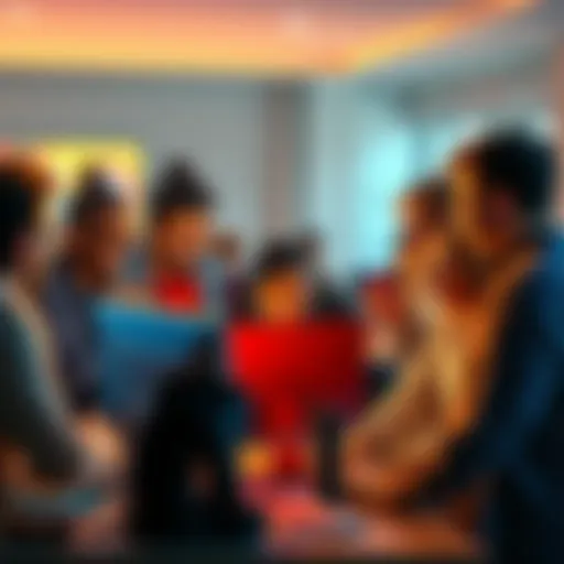 A group of people engaged in a lively discussion around a computer, showing various reactions to online posts on forums.