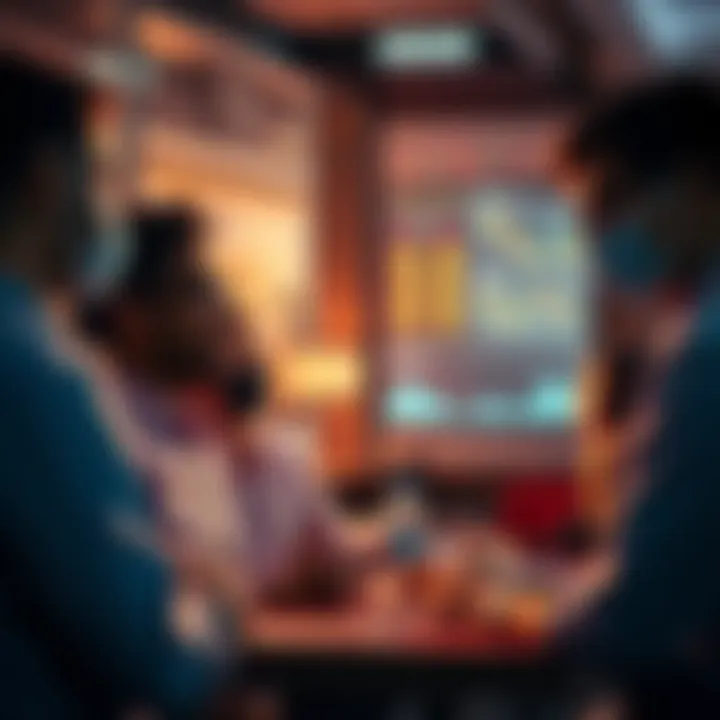 A group of people sharing their insights on financial price movements in a casual setting, with charts and graphs visible on a screen.