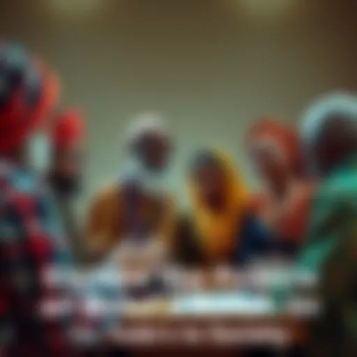 A diverse group of people from various backgrounds engaging in a discussion about their beliefs, symbolizing unity in diversity.