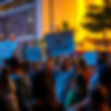 A diverse group of people collaborating during a community event, holding signs for change and displaying enthusiasm.